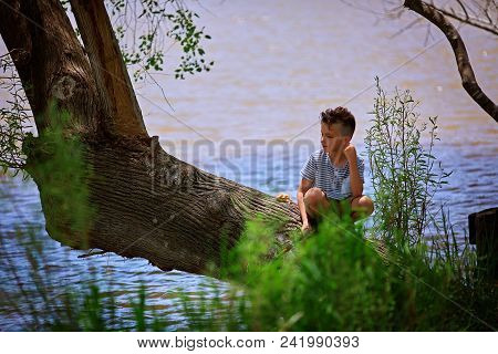 Adorable Boy Fishing From Wooden Dock On Lake In Sunny Summer Day.