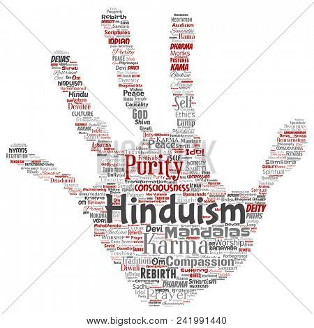 Conceptual hinduism, shiva, rama, yoga hand print stamp word cloud isolated background. Collage of mandalas, samsara, celebration, tradition, peace, compassion, rebirth, karma, dharma concept