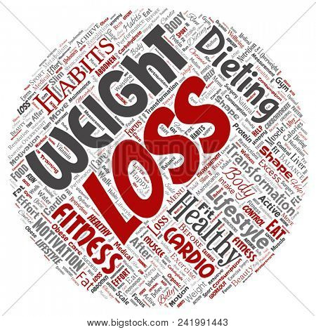 Conceptual weight loss healthy diet transformation round circle red word cloud isolated background. Collage of fitness motivation lifestyle, before and after workout slim body beauty concept