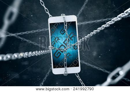 Chained Smartphone With Gdpr Sign. Conception Of Personal Data Protection. Interface Created In Grap