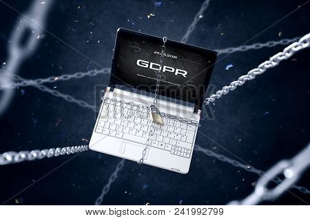 Chained Laptop With Gdpr Sign. Conception Of Personal Data Protection. Interface Created In Graphic
