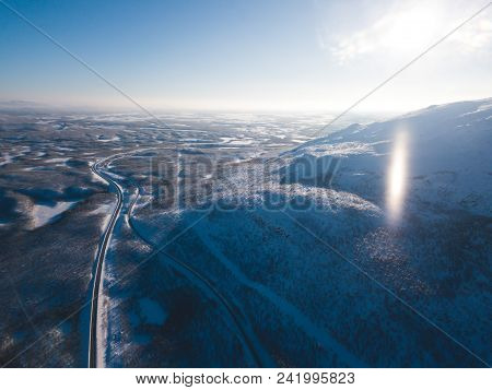 Aerial Sunny Winter View Of Abisko National Park, Kiruna Municipality, Lapland, Norrbotten County, S