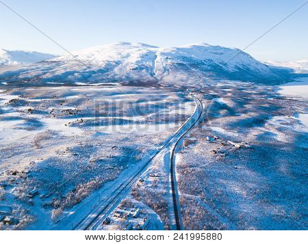 Aerial Sunny Winter View Of Abisko National Park, Kiruna Municipality, Lapland, Norrbotten County, S