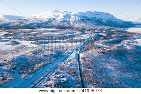 Aerial Sunny Winter View Of Abisko National Park, Kiruna Municipality, Lapland, Norrbotten County, S
