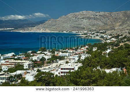 Bay, Mountains And The Town Of Pefki On The Island Of Rhodes