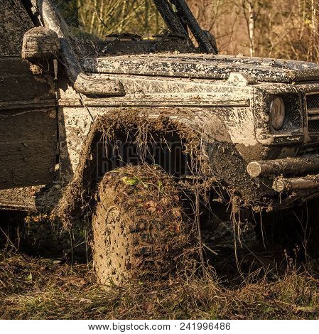 Ofroad For Hard Man. Car After Offroad Racing On Sunny Day. Wheel, Bonnet, Mirror And Door Covered W