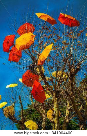 Colorful Umbrellas Decorating Leafless Trees In A Street Of Canela. A Charming Small Town Very Popul