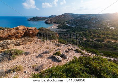 Aerial View On Beautiful Vai Palm Beach At Eastern Part Of Crete Island. Afternoon Foto. Greece Euro