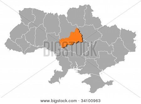 Mapa Ukrajiny, Cherkasy zvýrazněny