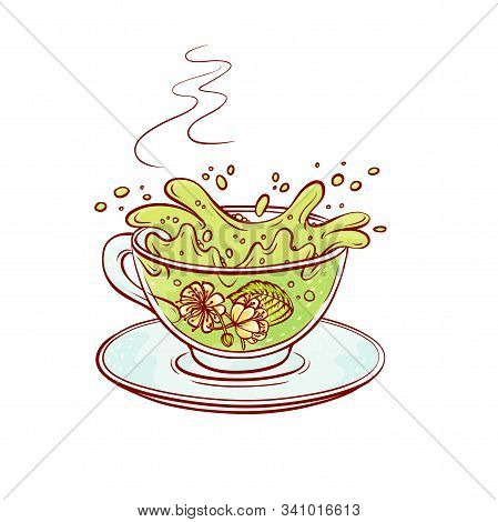 Vector Tea Flowers Brew Process In Transparent Cup Hot Aromatic Drink With Blossoming Tea Leaves. Sk