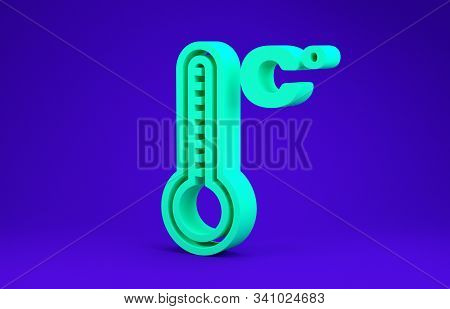 Green Meteorology Thermometer Measuring Heat And Cold Icon Isolated On Blue Background. Temperature 