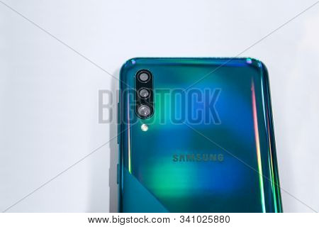 Turkey, Istanbul, December 20, 2019: Close-up Of The Back Cover Or Rear View Of The New Modern Samsu