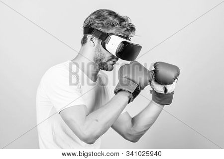 Be Strong. Man In Vr Glasses. Futuristic Gaming. Vr Boxing. Future Innovation. Modern Gadget. Traini