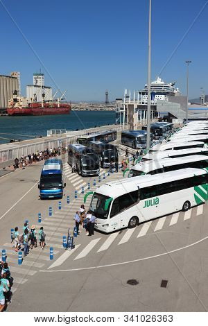 Barcelona, Spain - September 24th, 2019: Touring Cars Near The Barcelona Cruise Terminal,picking Up 