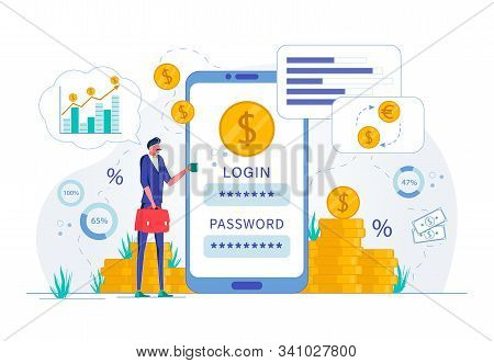 Online Payment And Virtual Distance Purchasing Safe Advanced Technology. Businessman Cartoon Charact