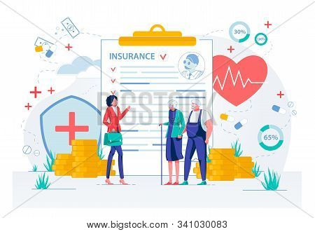 Healthcare Insurance For Elderly People. Senior Couple Cartoon Characters Purchasing Health Policy O