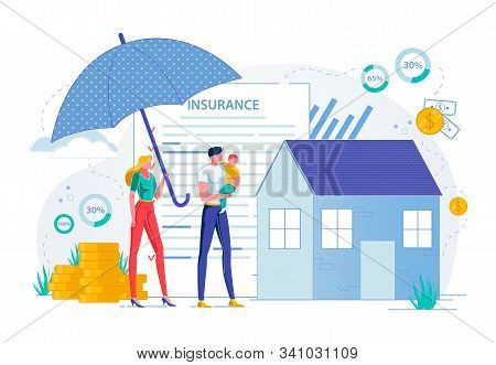 Property Insurance And Real Estate Safety And Protection. Family With Child, People Cartoon Characte