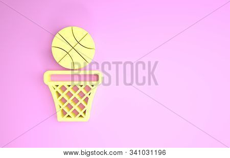 Yellow Basketball Ball And Basket Icon Isolated On Pink Background. Ball In Basketball Hoop. Minimal