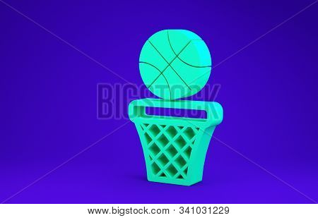 Green Basketball Ball And Basket Icon Isolated On Blue Background. Ball In Basketball Hoop. Minimali