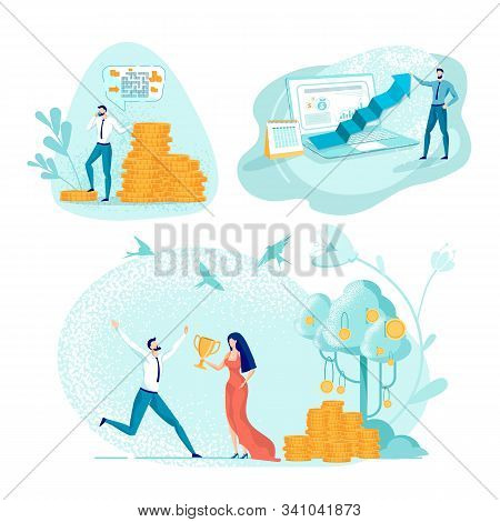 Office Worker Discussing Complicated Task On Phone. Employee By Huge Laptop And Rising Arrow As Symb
