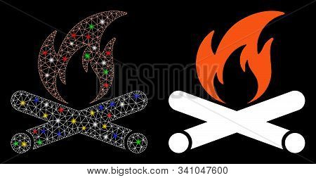 Glowing Mesh Campfire Icon With Glow Effect. Abstract Illuminated Model Of Campfire. Shiny Wire Carc