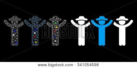 Glossy Mesh Gentlemen Hands Up Roundelay Icon With Glare Effect. Abstract Illuminated Model Of Gentl