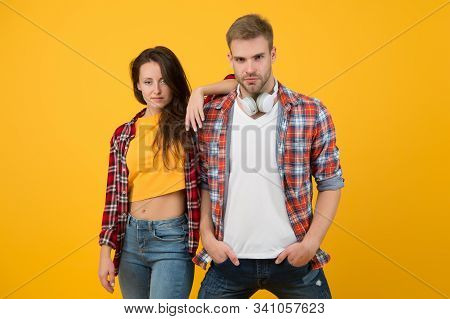 More Then Just Boyfriend And Girlfriend. Couple In Love Yellow Background. Handsome Man And Sexy Wom
