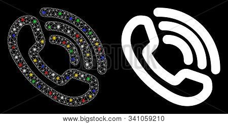 Bright Mesh Phone Ring Icon With Glare Effect. Abstract Illuminated Model Of Phone Ring. Shiny Wire 
