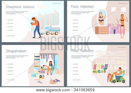 Set Of Landing Web Page Template Addicted And Bad Habits People. Unhealthy Lifestyle. Alcoholism Dru