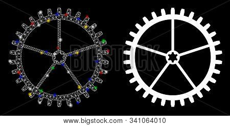 Glossy Mesh Tooth Wheel Icon With Glow Effect. Abstract Illuminated Model Of Tooth Wheel. Shiny Wire