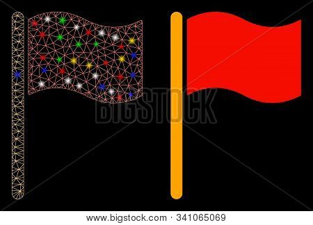 Glowing Mesh Waving Flag Icon With Lightspot Effect. Abstract Illuminated Model Of Waving Flag. Shin