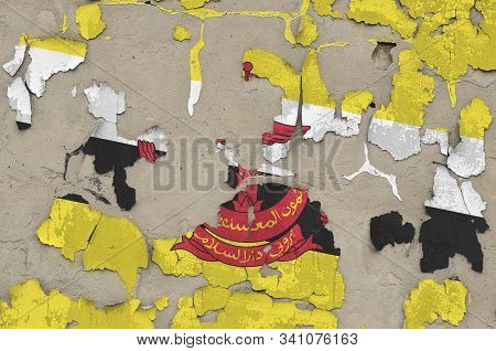 Brunei Darussalam Flag Depicted In Paint Colors On Old Obsolete Messy Concrete Wall Closeup. Texture