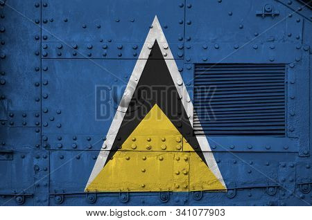 Saint Lucia Flag Depicted On Side Part Of Military Armored Tank Closeup. Army Forces Conceptual Back