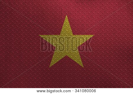 Vietnam Flag Depicted In Paint Colors On Old Brushed Metal Plate Or Wall Closeup. Textured Banner On