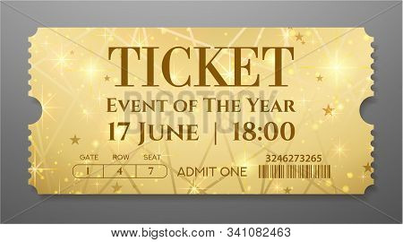 Golden Ticket (tear-off Coupon) With Star Magical Background. Useful For Any Festival, Party, Cinema