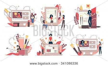 Fashion Blog And Beauty Vlog In Social Media Set. Women Creating Makeup Posts, Video Tutorials And P