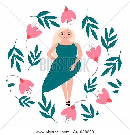Illustration With A Blond Girl In Green Dress  In A Hand Drawn Frame With Flowers And Leaves In Colo