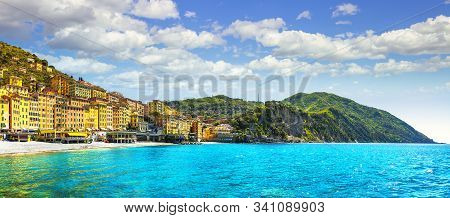 Camogli Beach And Typical Colorful Houses. Travel Destination Ligury, Italy, Europe.