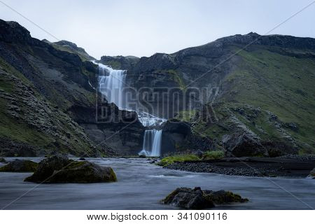 Two-tiered Waterfall Ofaerufoss In The Eldgja Canyon, In The Central Iceland