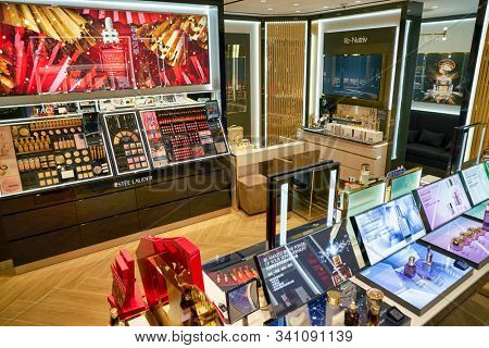 HONG KONG, CHINA - CIRCA JANUARY, 2019: cosmetic products on display at Estee Lauder store in Elements shopping mall.