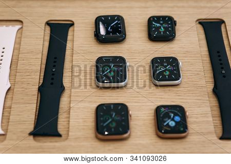 Turkey, Istanbul, December 20, 2019: Apple Watch 5 Series And Nearby Watchbands In The Official Appl