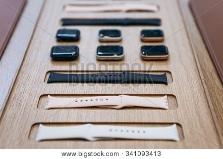 Turkey, Istanbul, December 20, 2019: Apple Watch 5 Series And Nearby Watchbands In The Official Appl