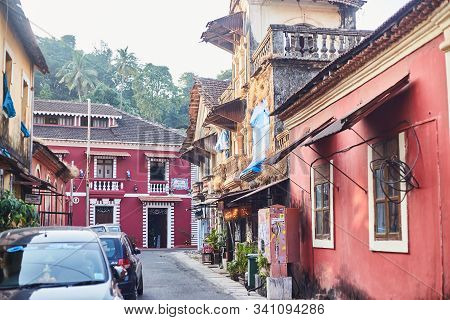 Panaji, India - December 15, 2019: A Narrow Lane Surrounded By Colorful Portuguese Houses In Panjim,