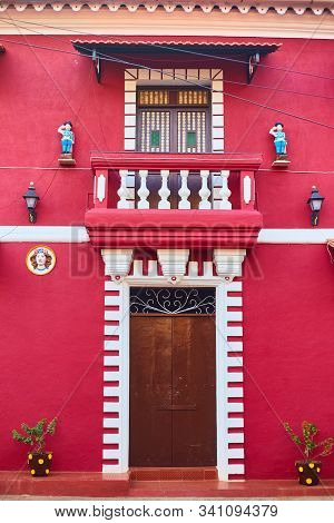 Panaji, India - December 15, 2019: A Narrow Lane Surrounded By Colorful Portuguese Houses In Panjim,