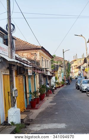 Panaji, India - December 15, 2019: A Narrow Lane Surrounded By Colorful Portuguese Houses In Panjim,