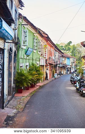 Panaji, India - December 15, 2019: A Narrow Lane Surrounded By Colorful Portuguese Houses In Panjim,