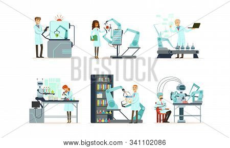 Scientists Working In Laboratory With Robots Vector Illustrations Set