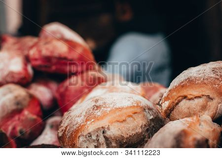 Bread On A Stick And Red Burger Buns Baked In A Wood Stove With Pulled Pork Chocolate Market Chocola