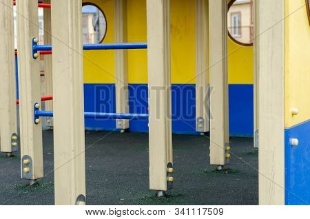 Empty Playground For Children. Lower Part Wooden Racks, Supports And Stairs. Selective Focus. Landsc