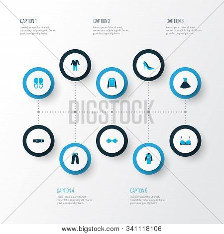 Dress Icons Colored Set With Sandals, Bra, Dressing Gown Tuxedo Elements. Isolated Vector Illustrati